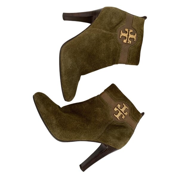 Tory Burch Alaina Olive Green Suede Ankle Boots Size 8.5M X10678 EUC Zip - Picture 2 of 10